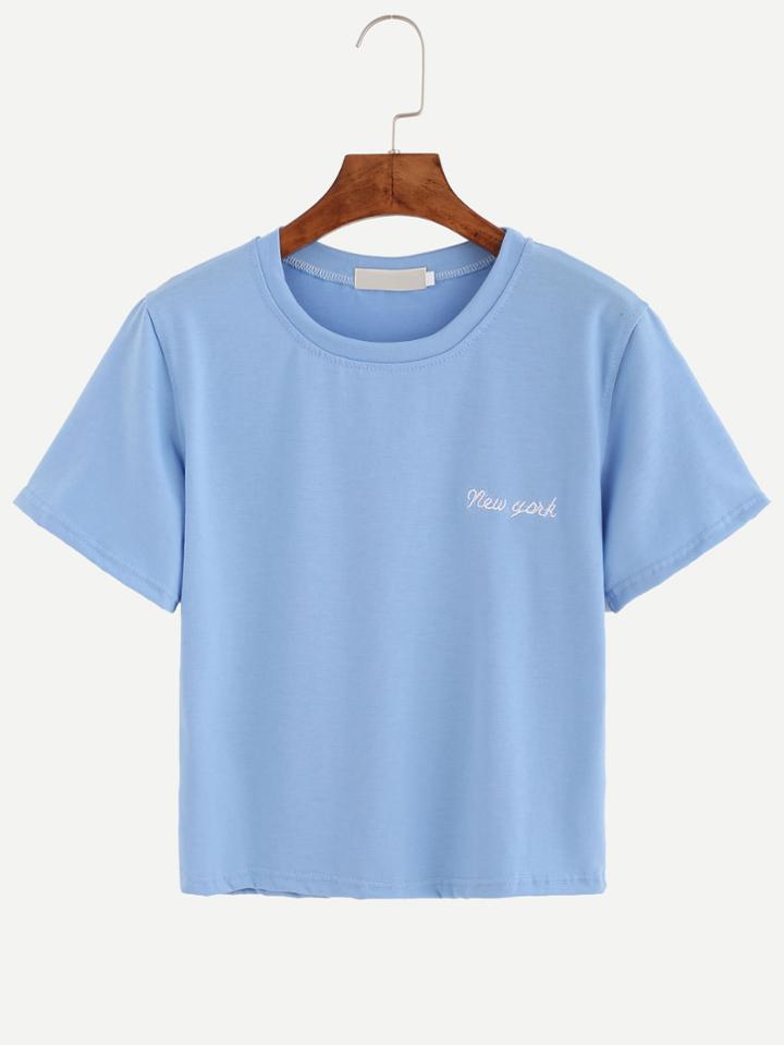 Shein Blue Letter Embroidered T-shirt