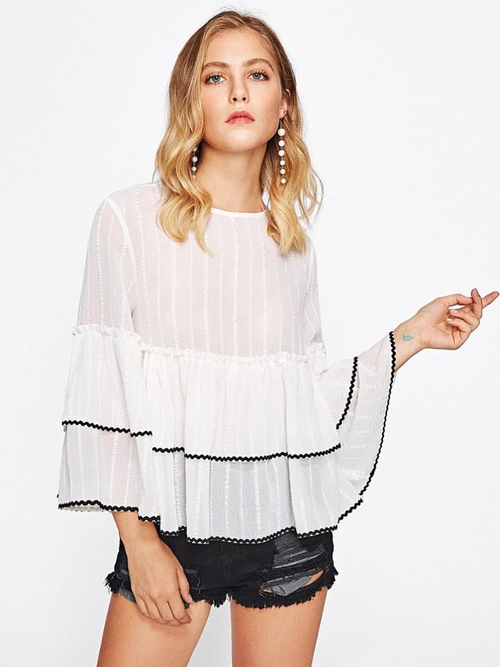 Shein Wave Lace Trim Trumpet Sleeve Flounce Top