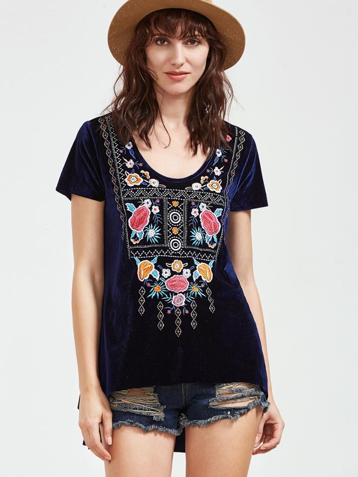 Shein Navy Scoop Neck High Low Embroidered Velvet T-shirt