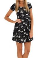 Rosewe Short Sleeve Flower Print A Line Dress