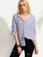 Shein Blue Plaid Cuffed Sleeve Dip Hem Hooded Blouse