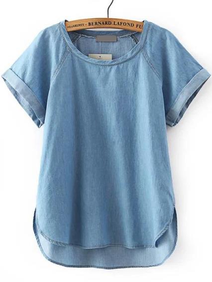Shein Blue Short Sleeve Dip Hem Boyfriend Trends Jean Swish Denim Blouse