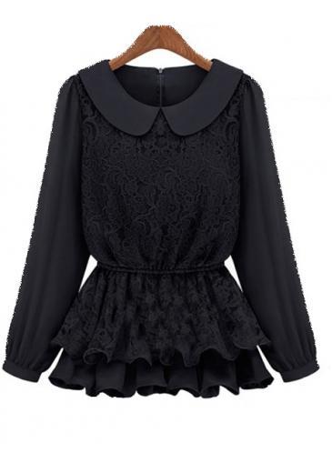 Rosewe Cute Peter Pan Collar Long Sleeve Sheared Waist Black Tees