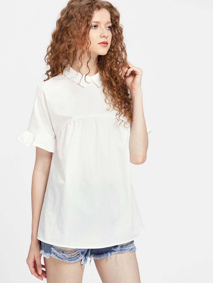 Shein Pointed Collar Keyhole Tie Back Frilled Sleeve Smock Top
