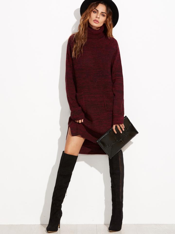 Shein Red High Neck Long Sleeve Dip Hem Sweater