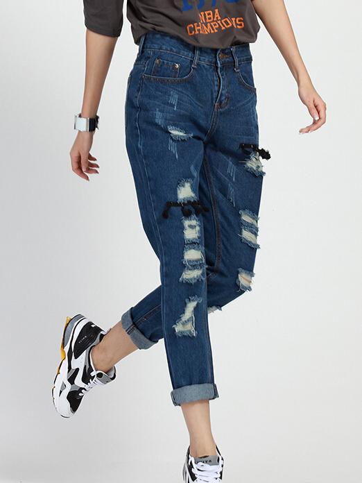 Shein Navy Pockets Ripped Tassel Denim Pant