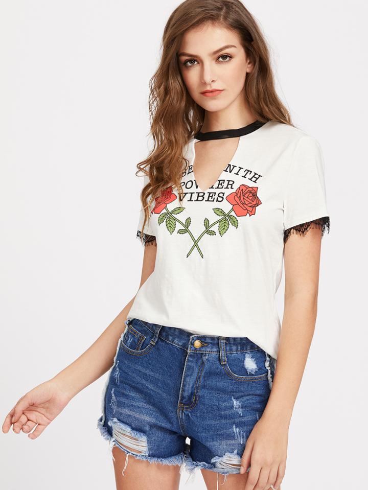 Shein Contrast V Cutout Neck Lace Trim Rose Print Tee