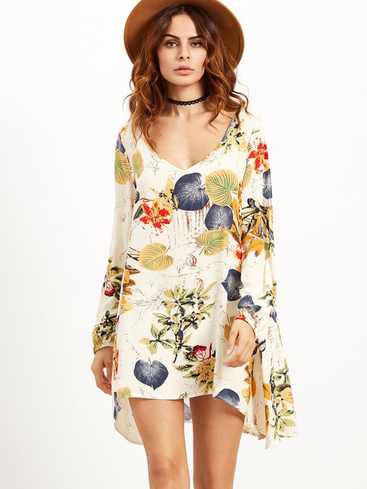 Shein Apricot Tropical Print Split Sleeve Swing Dress