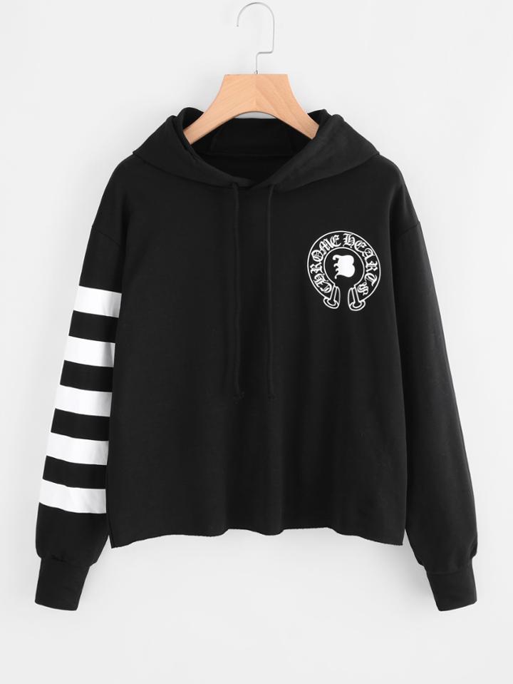 Shein Graphic Print Striped Sleeve Hoodie