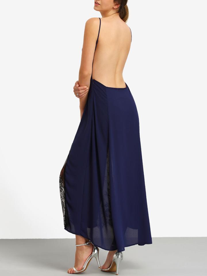 Shein Square Neck Backless Lace Inset Long Dress