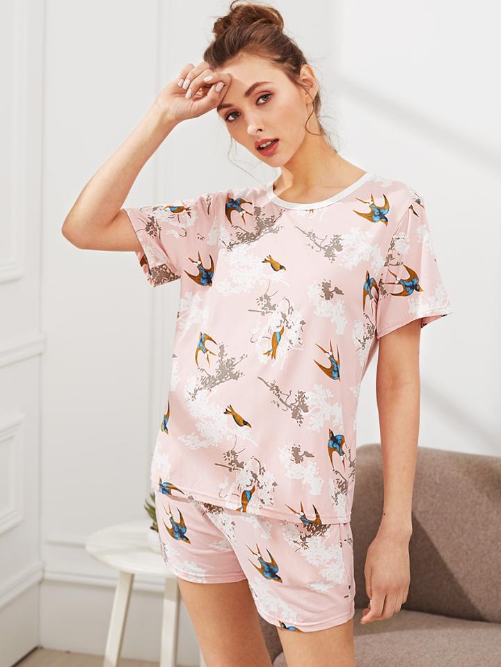 Shein Bird Print Tee & Shorts Pj Set