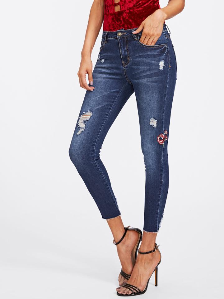 Shein Dark Wash Flower Embroidered Shredded Jeans