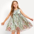Shein Girls Bow Front Floral Embroidered Mesh Dress
