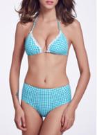 Rosewe Lace Patchwork Two Piece Plaid Halter Bikini