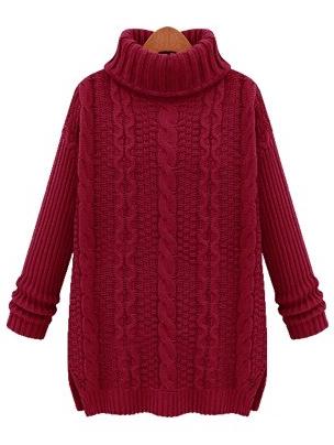 Shein Burgundy Turtleneck Cable Knit Sweater