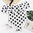 Shein Plus Polka Dot Flounce Trim Bardot Swimsuit