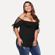 Shein Plus Off Shoulder Lace Up Sleeve Tee