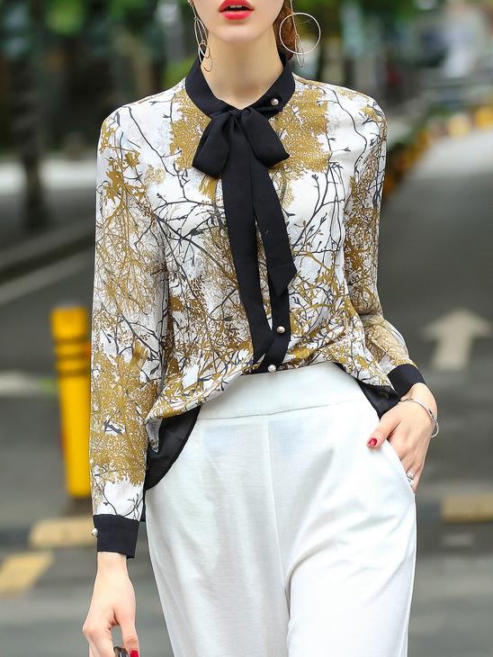 Shein Multicolor Tie Neck Leaves Print Blouse
