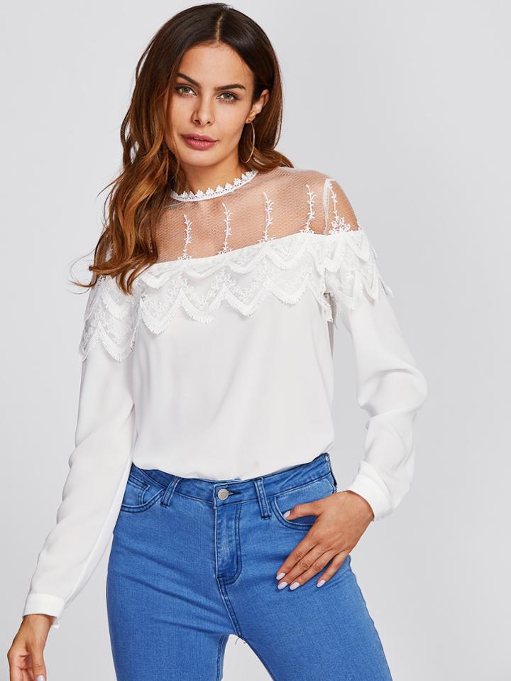 Shein Mesh Yoke Tiered Scalloped Applique Blouse