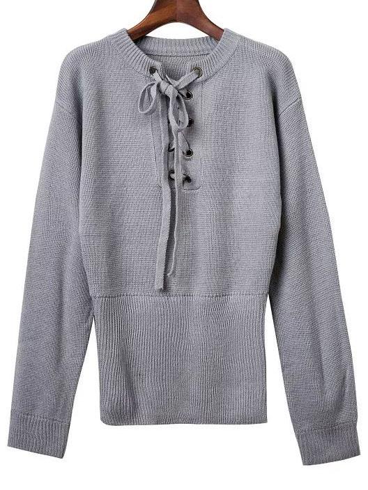 Shein Grey Ribbed Cuff Wide Hem Lace Up Sweater