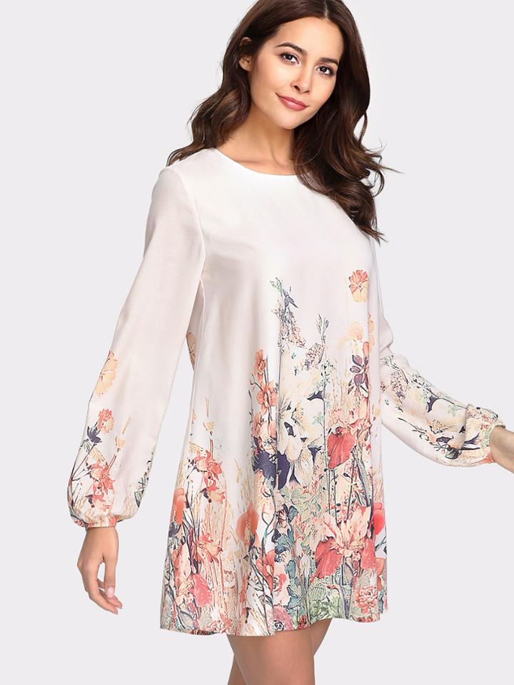 Shein Lantern Sleeve Button Keyhole Back Floral Dress