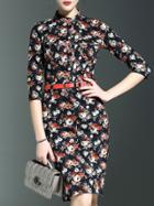 Shein Black Crew Neck Floral Belted Pockets Dress