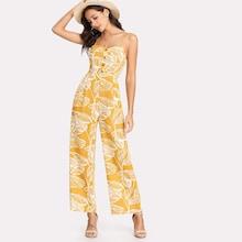 Shein Palm Leaf Print Shirred Back Cami Palazzo Jumpsuit