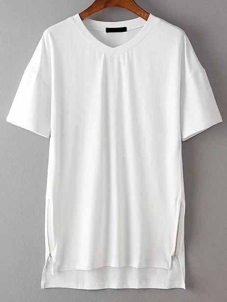 Shein White Zipper Side High Low Long T-shirt