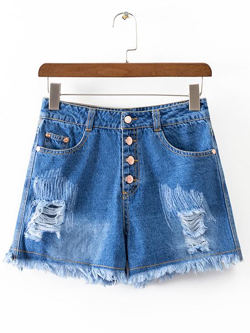 Shein Blue Button Pocket Ripped Raw-edge Hem Denim Shorts