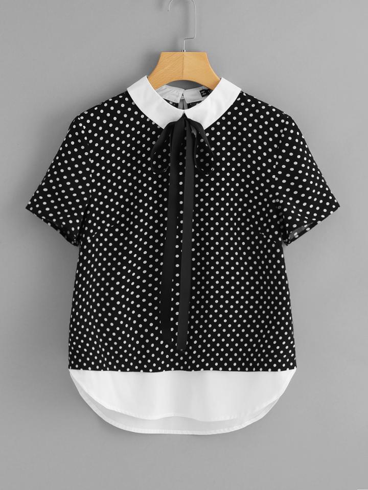 Shein Contrast Collar And Hem Polka Dot Top