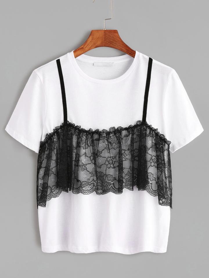 Shein White Contrast Embroidered Lace 2 In 1 T-shirt