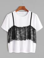 Shein White Contrast Embroidered Lace 2 In 1 T-shirt