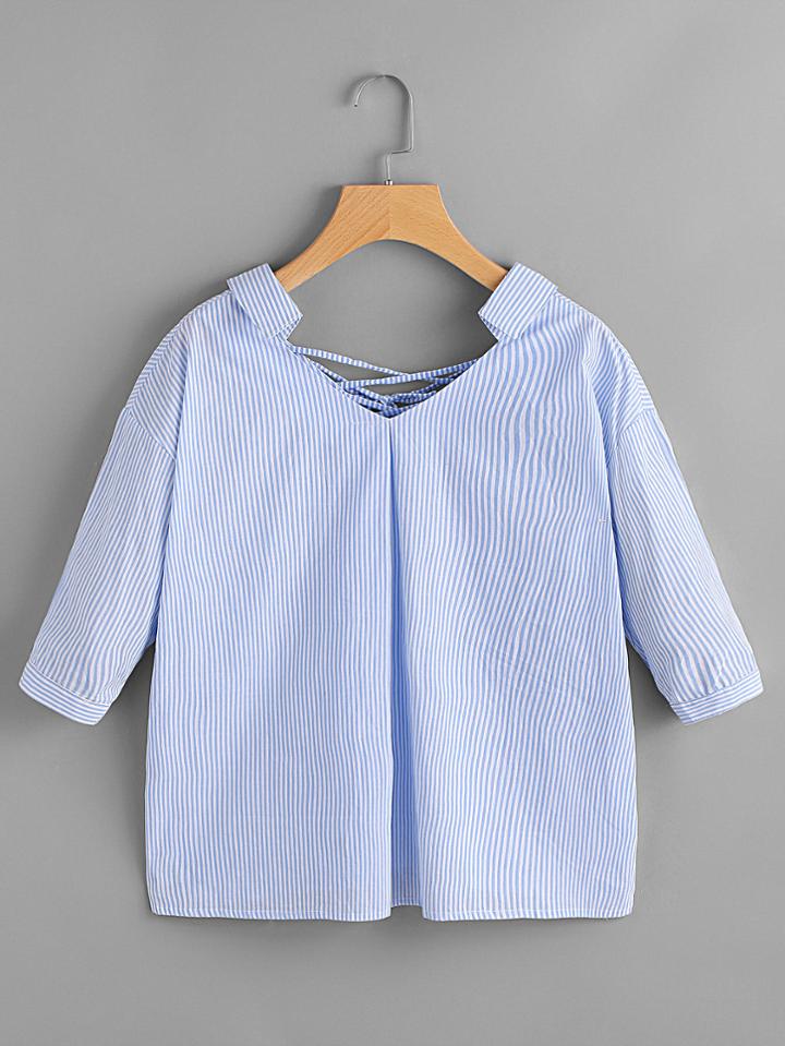 Shein Vertical Striped Lace Up Back Blouse