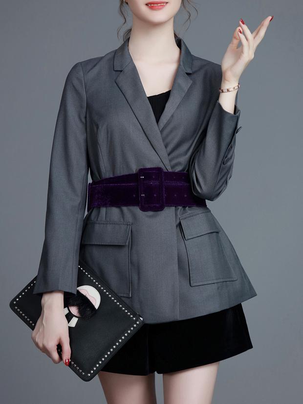 Shein Grey Lapel Belted Pockets Blazer