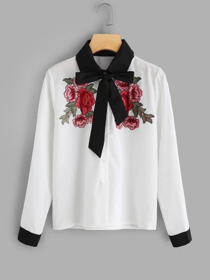 Shein Contrast Trim Tie Neck Embroidered Applique Shirt