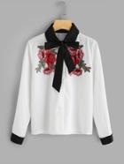 Shein Contrast Trim Tie Neck Embroidered Applique Shirt
