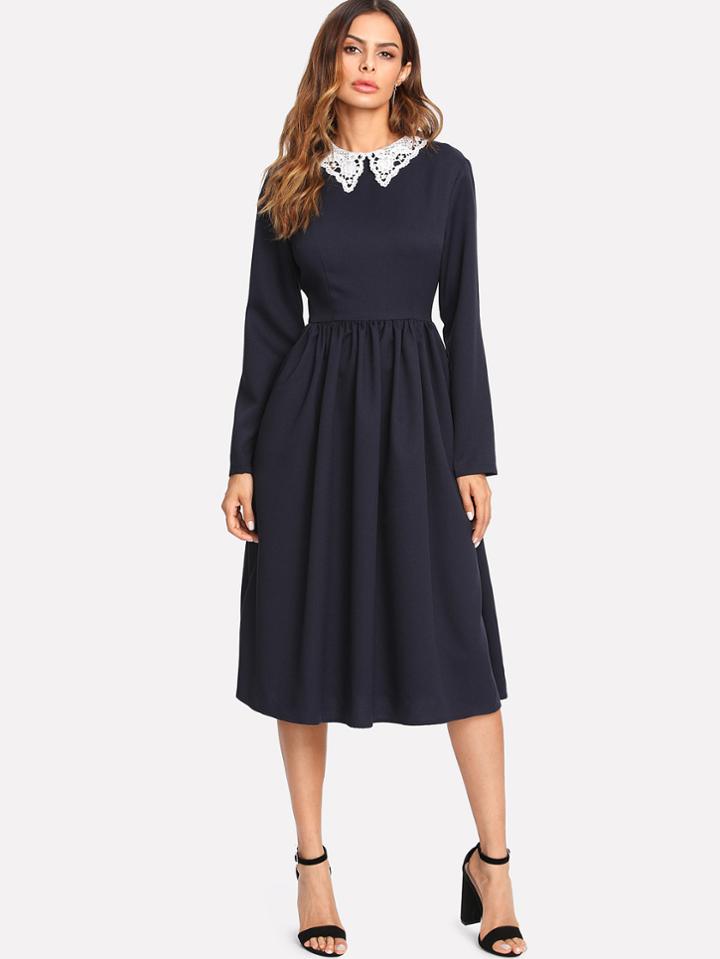 Shein Floral Lace Collar Fitted & Flared Dress