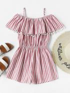 Shein Pom Pom Trim Frill Cold Shoulder Striped Playsuit