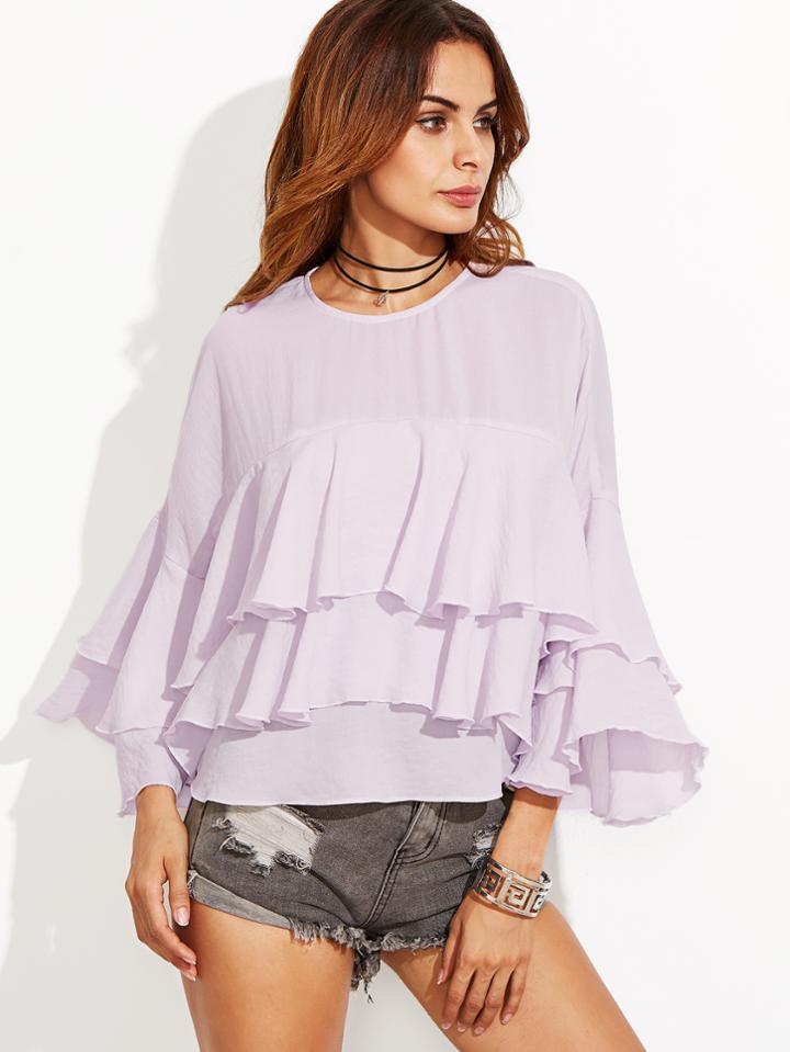Shein Purple Bell Sleeve Layered Ruffle Top