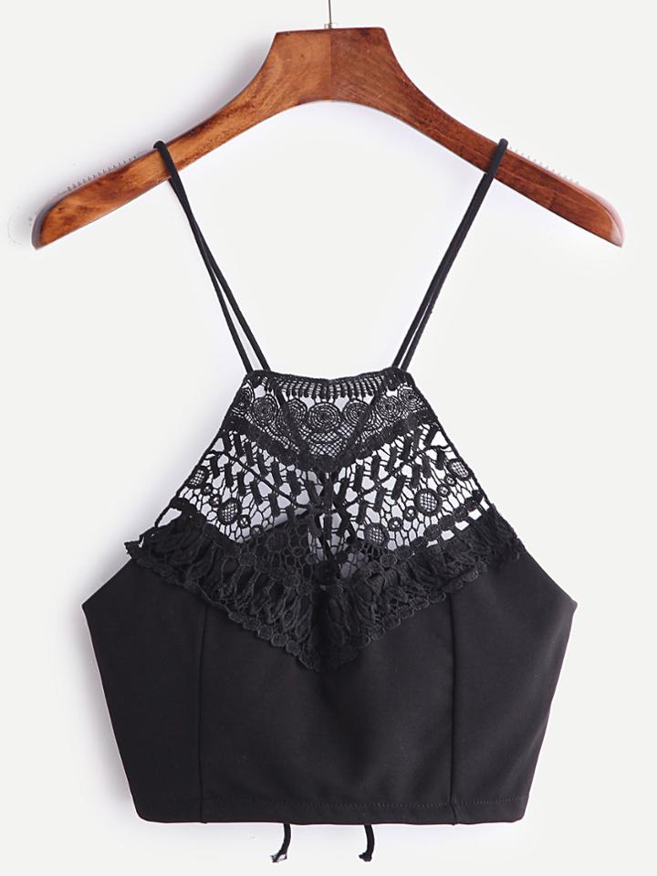 Shein Black Contrast Crochet Lace Up Back Crop Top