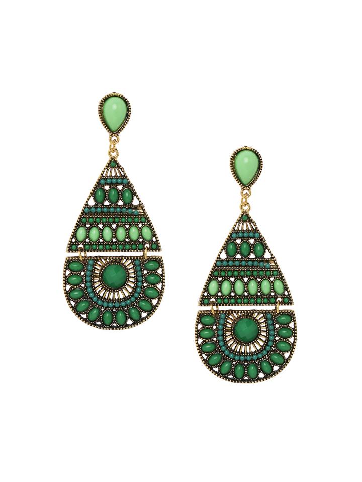 Shein Cutout Faux Stone Encrusted Drop Earrings - Green