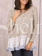 Shein Grey Contrast Lace Flounce Sweater