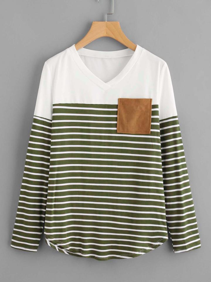Shein Suede Pocket And Elbow Patch Striped Tee