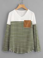 Shein Suede Pocket And Elbow Patch Striped Tee