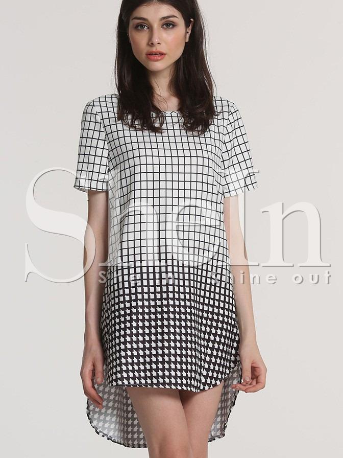 Shein White Black Plaid Houndstooth High Low Dress