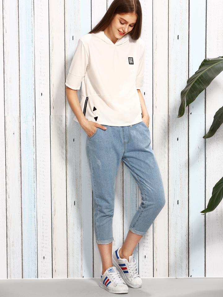 Shein White Letter Patch Zip Side Hooded Sweatshirt