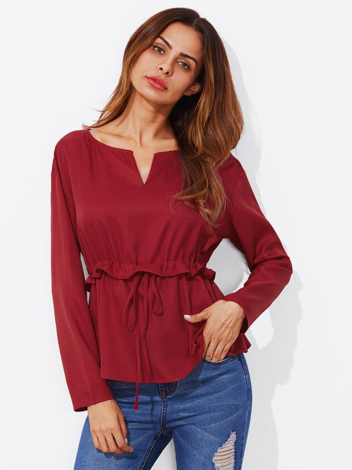 Shein V Notch Neck Frilled Drawstring Top