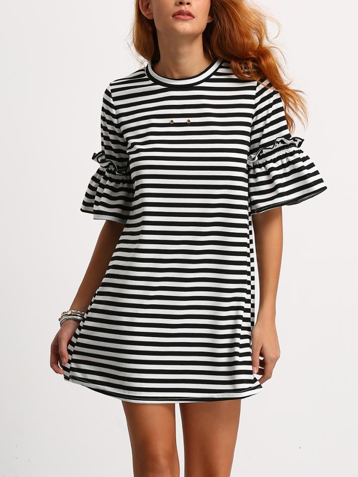 Shein Pinstripe Frill Cuff Tee Dress