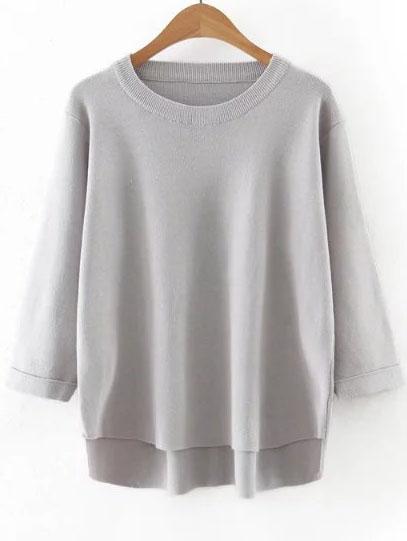 Shein Grey Round Neck Rolled Cuff Dip Hem Sweater