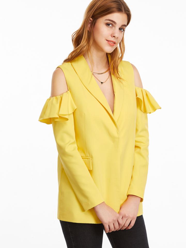 Shein Yellow Shawl Collar Ruffle Open Shoulder Hidden Button Blazer